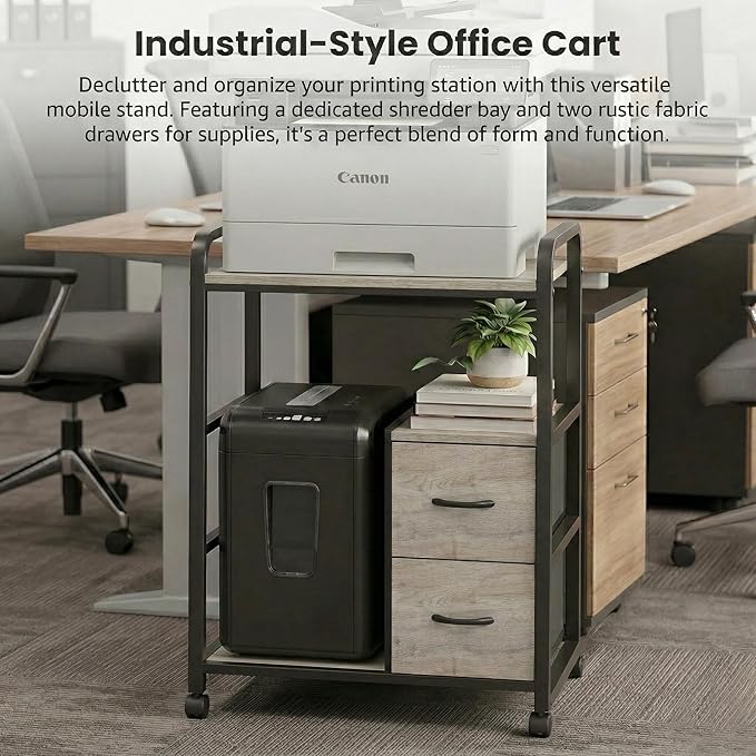 Printer Stand Featuring Fabric Drawers, Under Desk Host Computer Cabinet and Shredder Shelf, Heavy Duty Printer Stand with Storage Workstation Organization Printer Table for Home Office