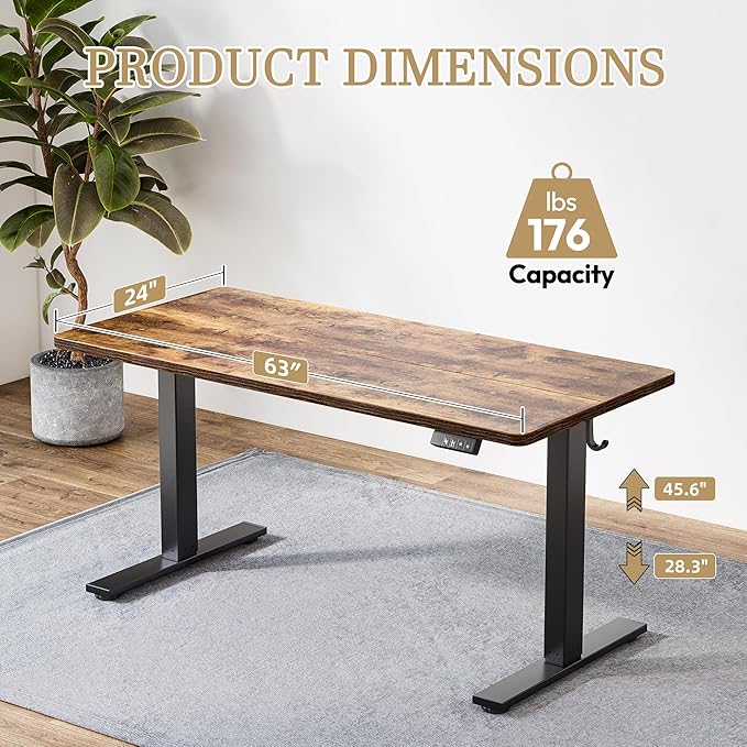 TIQLAB Electric Adjustable Sewing Table, 63"x24" Workbench Adjustable Height, Ergonomic Worktable for Garage, Craft Desk, Spacious Desk for Sewing and Crafts, Rustic Brown