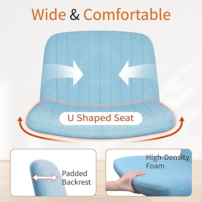 Meilocar Criss Cross Chair with Wheels, Cross Legged Office Chair, Armless Office Chairs Adjustable Height Swivel Tilting Fabric Vanity Chairs for Home Bedroom (Blue)