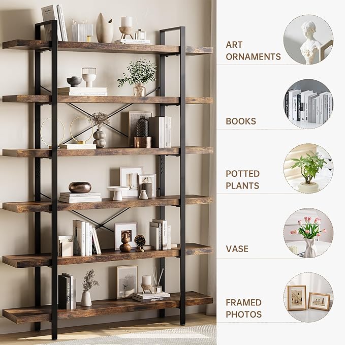 OtterOasis Bookshelf Set of 2, Heavy Duty 6-Tier Industrial Bookcase, 47" Wide Wood Bookshelf for Home Office, 120lbs Shelf Capacity, Rustic Open Display with Horizontal Shelf for Living Room Bedroom