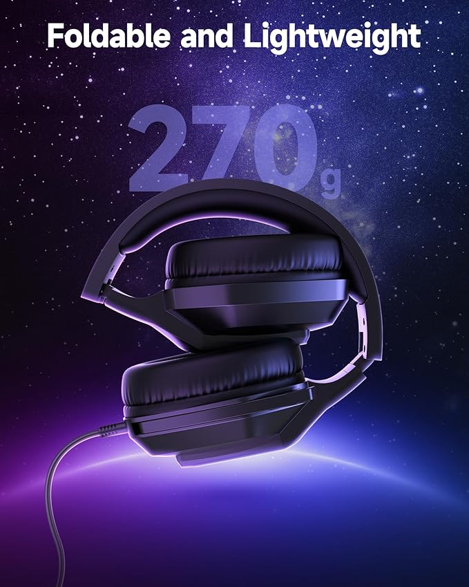 AOC Wired Gaming Headset, Surround Sound Headphones for Xbox Series X|S PS5 PC Switch, Noise Canceling Over-Ear Gaming Mic, RGB Lights, 50mm Drivers, 3.5mm Jack, Black
