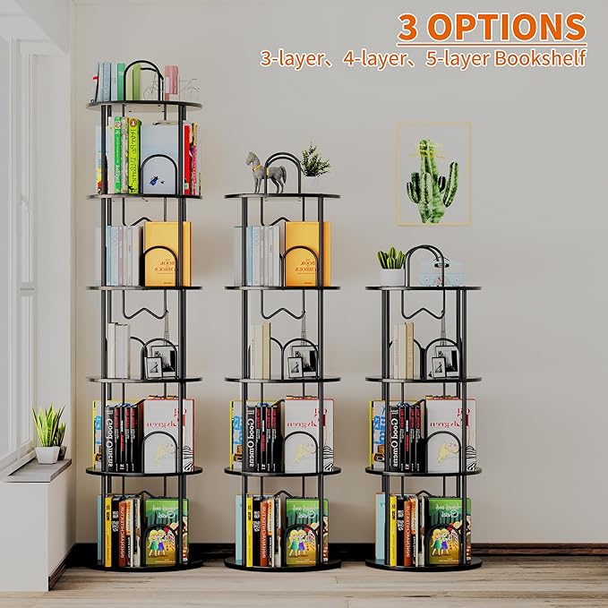 5 Tier Rotating Bookshelf, 360° Spinning Bookshelf Tower, Narrow Corner Book Shelf, Revolving Bookcase Corner Tall Book Shelf for Small Spaces, Bedroom, Living Room, Black