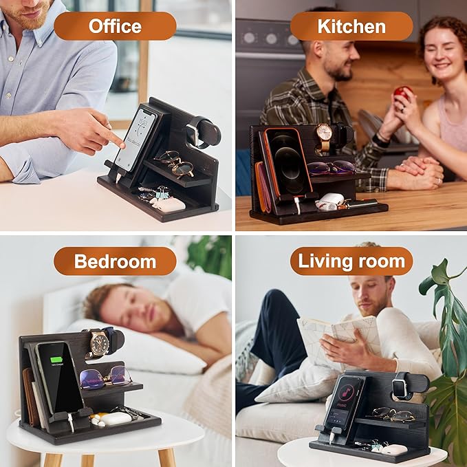 TESLYAR Wood Phone Docking Station for Men - Desktop or Nightstand Organizer - Birthday Gifts for Men, Dad - Anniversary Idea from Wife - Key Holder, Stand Wallet, Watch & Essentials (Granite Black)