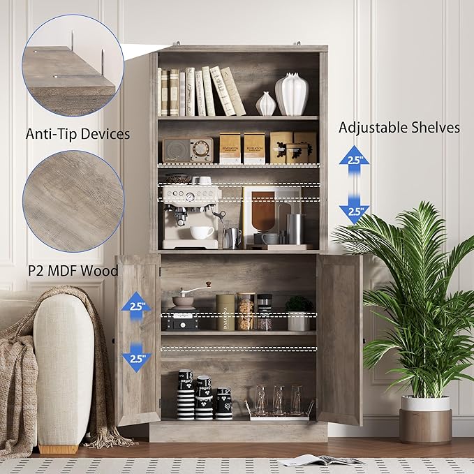 BORNOON 70.1" Tall Bookshelf with Cabinet, 5-Tier Floor Standing Bookcase with Doors & Adjustable Shelves, 31.5" Wide Storage Shelf, Metal Handles, Modern Organizer for Home Office, Living Room