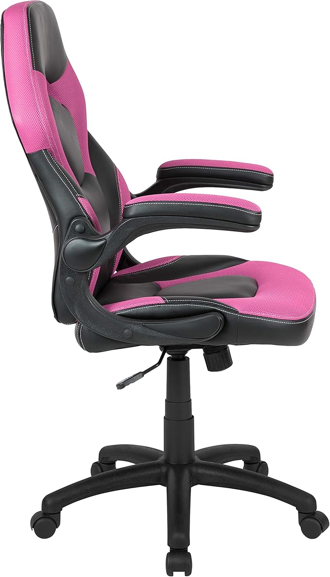 Flash Furniture X10 High-Back LeatherSoft Racing Style Gaming Chair with Flip-Up Arms, Ergonomic Padded Swivel Computer Chair, Pink/Black