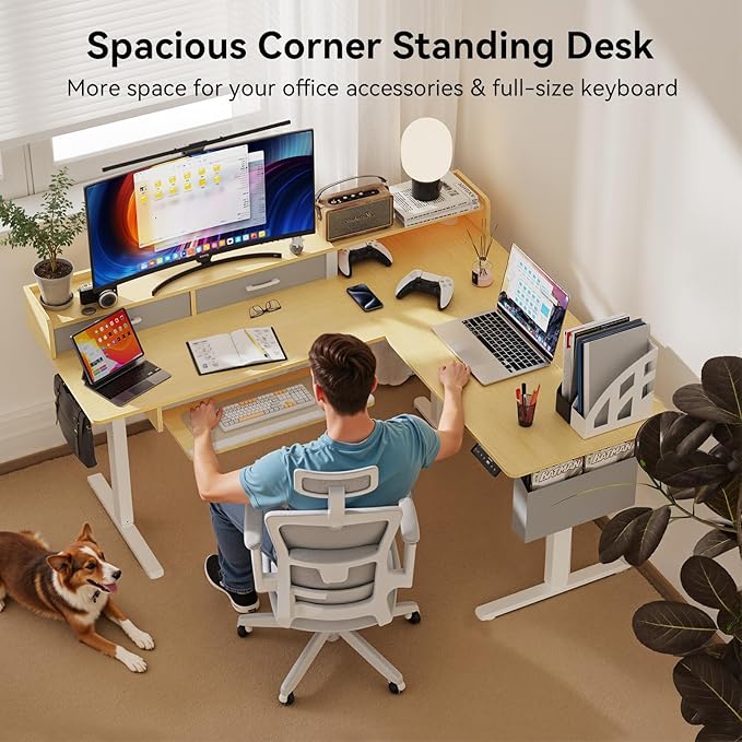 WALKINGDESK 63 Inches Height Adjustable L Shaped Standing Desk with 2 Drawers and Keyboard Tray, Electric Sit to Stand Home Office Comupter Table, Ergonomic Corner Gaming Desk, Oak