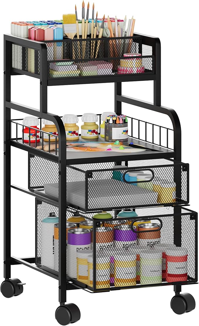 SWTYMIKI Rolling Cart with Drawers - Metal Utility Cart with Wood Shelf, DIY Divider and Locking Wheels, Craft & Art Cart Organizer for Under Desk Storage for Home Office Studio, Black