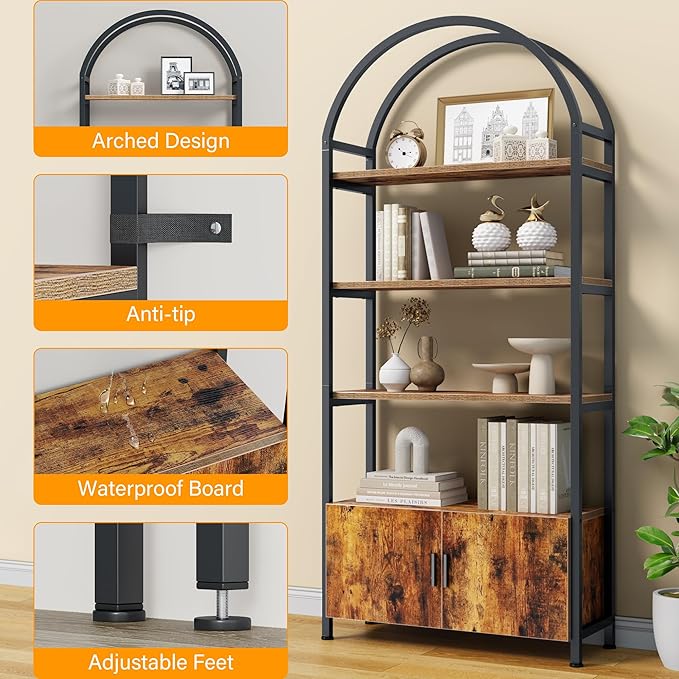 Jehiatek Arched Bookshelf with Storage Cabinet 71 Inch Tall Industrial Bookcase 5 Tier Open Display Shelf with Hidden Storage Rustic Wood and Metal Bookshelf for Living Room Bedroom Home Office
