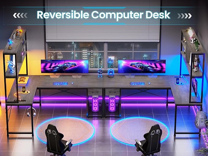 SEDETA L Shaped Gaming Desk, 51.2" Reversible Small Corner Desk with Drawer, Power Outlet & LED Lights, Computer Desk with Storage Shelves for Small Space, Grey
