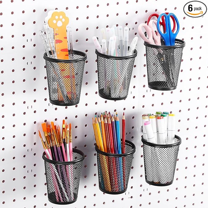 Spakon 6 Sets Pegboard Cups with Ring Hook, Peg Board Baskets Bin Holder Organizer Accessories Pegboard Pencil Cup Multipurpose Metal Pen Holder for Office Garage(Black,2.56x4.13x3.54'',Regular)