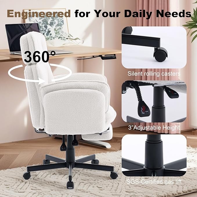 Criss Cross Chair with Wheels, Extra Wide Cross Legged Office Chair with Flip-Up Armrests & Footrest, Ergonomic Teddy Fleece Swivel Desk Chair with Adjustable Headrest for Home Office & Vanity White