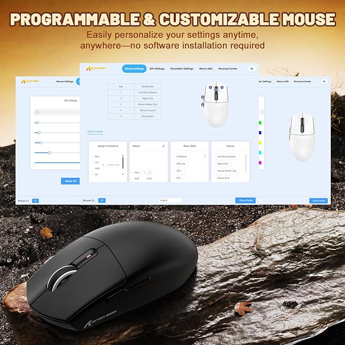 MAMBASNAKE Attack Shark G3 Wireless Gaming Mouse with Tri Mode Wired/2.4Ghz/BT,59g Ultra-Lightweight,25000 DPI,1000 Polling,PixArt PAW3311 Sensor,500mAh Long Battery,Programmable for PC Gamer(Black)
