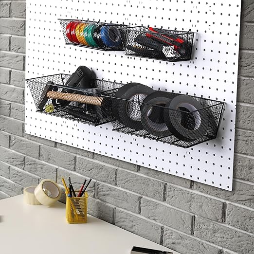 Sieral 4 Pcs Pegboard Baskets Metal Wire Shelf Baskets Peg Board Organizer Accessories Wall Mount Organizer Attachments for Garage Workbench Various Tool Accessories, 2 Sizes (Black,Large)