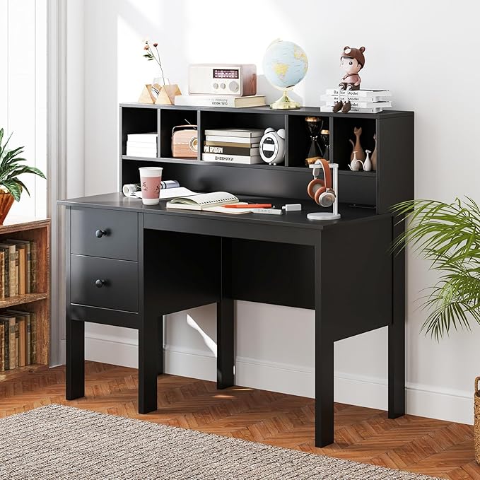 Tangkula Black Desk with Drawers & Hutch, Modern Home Office Desk with Power Outlets, USB Ports & Type-C, Writing Study Desk with 5-Cubby Hutch, Computer Workstation Makeup Vanity Desk