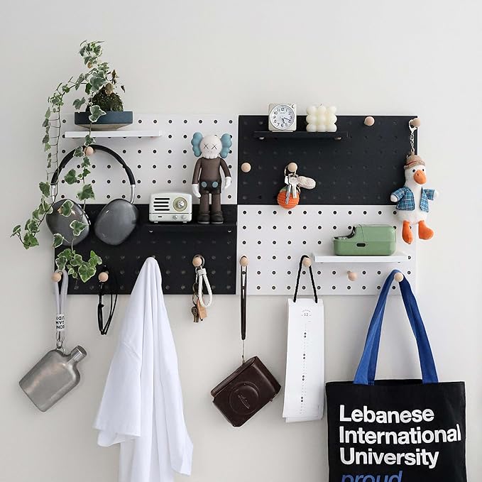 Wooden Pegboard Accessories Set: Modular Wall Hooks & Shelf for Garage, Office & Home Organization(Black Colored Finish-B)