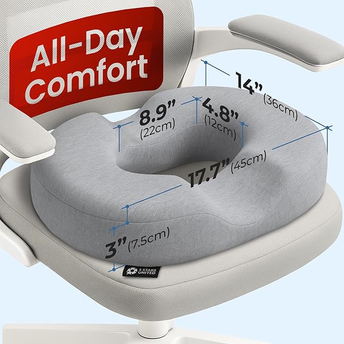 5 STARS UNITED Donut Pillow Hemorrhoid Tailbone Cushion – Large Cushion for Pain Relief – Coccyx, Prostate, Sciatica, Pelvic Floor, Pressure Sores, Pregnancy, Postpartum Recovery, Gray