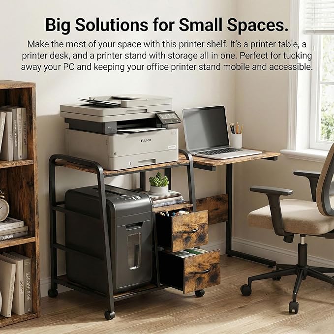 Printer Stand Featuring Fabric Drawers, Under Desk Host Computer Cabinet and Shredder Shelf, Heavy Duty Printer Stand with Storage Workstation Organization Printer Table for Home Office
