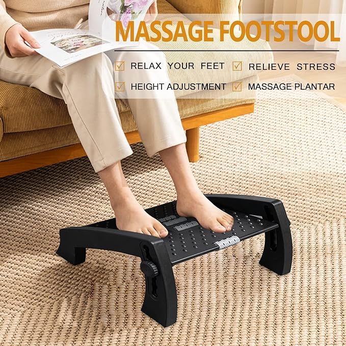 Foot Rest, Adjustable Height Foot Rest for Under Desk at Work, Ergonomic Foot Stool Under Desk for Office, Under Desk Footrest with Large Roller Massage, Comfortable Foot Stool for Pressure Relief