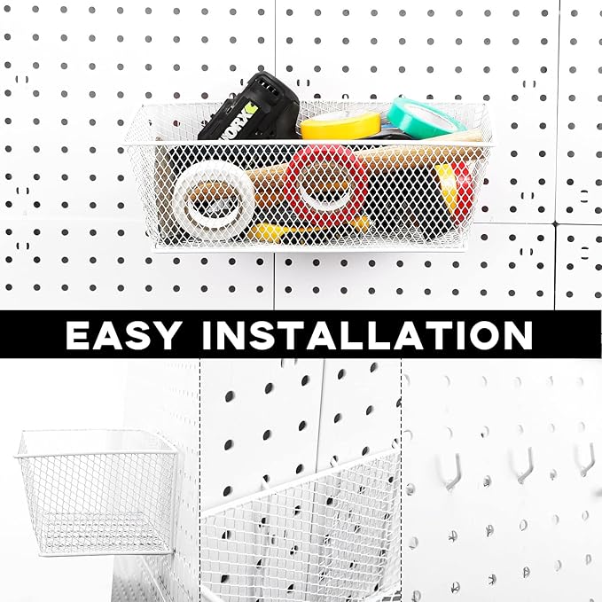 Sieral 6 Pieces Pegboard Baskets Wall Mount Wire Peg Board Baskets 3 Sizes Pegboard Accessories Slatwall Bins Basket Home Garage Hanging Organizer for Tools and Craft(White)