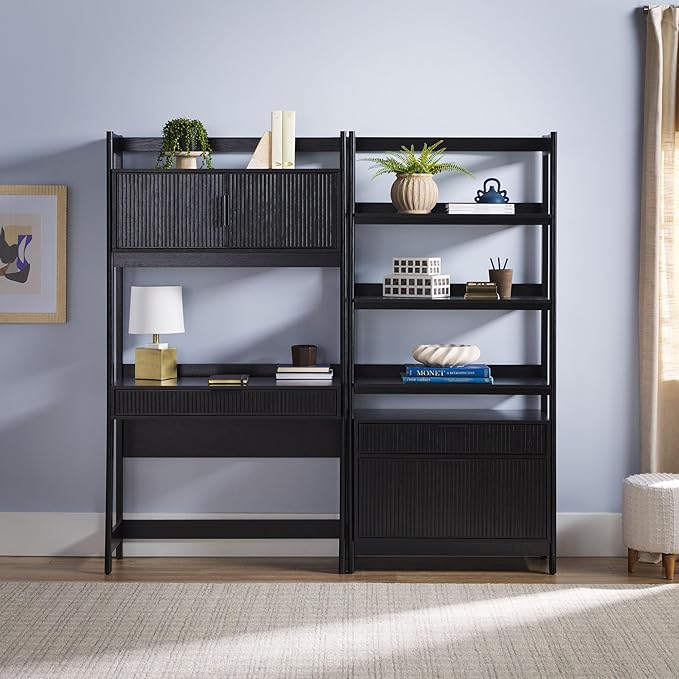 Walker Edison Transitional 2-Piece Hutch Desk with Wide Bookcase, Reeded Drawer Fronts, Built-in outlets and USB Ports, Set of 2, Black