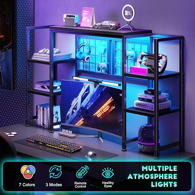 REIBII Desk Shelf with LED Light Strip,Adjustable 45.1" Desk Hutch Dorm with 5 Tier Display Shelf Rack,Desktop Bookshelf with Grid Panel & Hooks for Home, Office and Dorm, Black