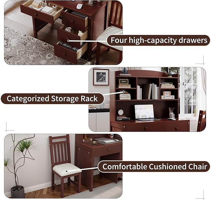 Vintage 40'' Home Executive Desk and Upholstered Chair Set with Bookshelf(Espresso)