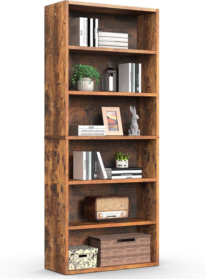 Sweetcrispy Industrial 6 Shelf Bookcase - Large 63 Inch Tall Floor Standing Open Bookshelf with Anti-Tipping Device for Home Office, Living Room, and Bedroom Storage, Rustic Brown