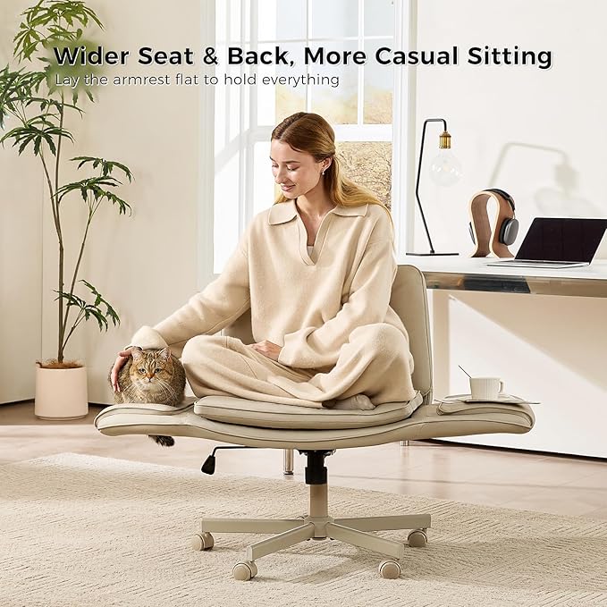 amseatec Criss Cross Chair with Armrests & Wheels, PU Leather ADHD Home Office Desk Chair, Comfortable Lounge Chair for Home, Make Up, Bed Room, 5-Gear Adjustable Arm,Wide Seat,Swivel(Cream/Beige)