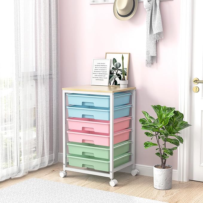 SYKIARIOL Rolling Cart with Drawers,Utility Cart with 6 Drawers,Rolling Storage Cart with Drawers and Wooden Tabletop & Lockable Wheel,Colorful
