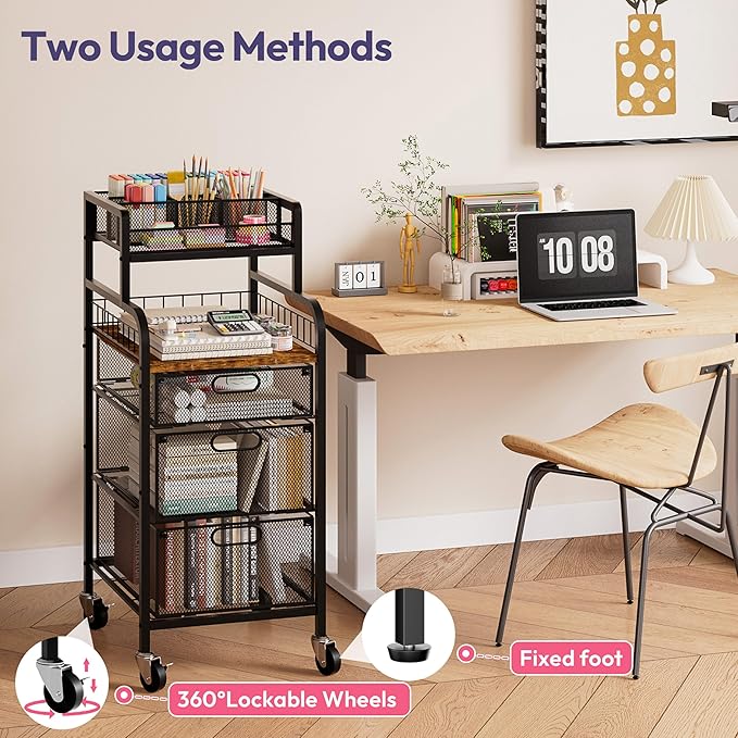 SWTYMIKI Office Rolling Cart with 3 Drawers - Metal Utility Cart with Wood Shelf, DIY Divider and Locking Wheels, Craft & Art Cart Organizer for Under Desk Storage for Home Office Studio, Espresso