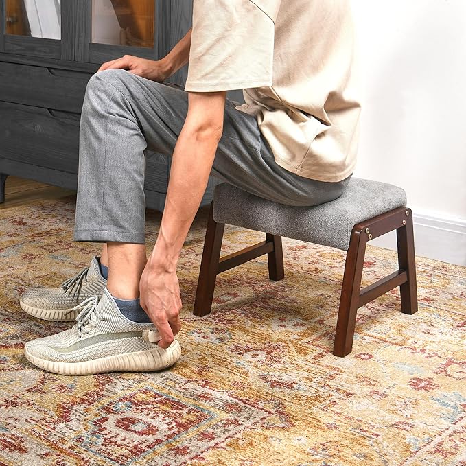 Small Footstool Ottoman, 11.8" H Fabric Wooden Foot Rest Ottoman with Wood Legs, Small Foot Stool Sofa Footrest Extra Seating for Living Room Entryway Office, Light Grey