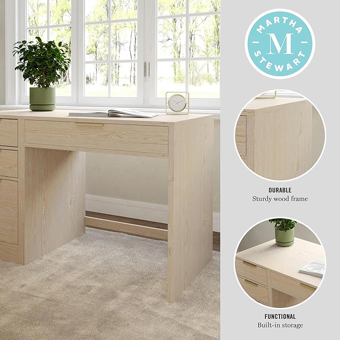 Martha Stewart Kayden Home Office Modular Desk with Drawer and 3 Drawer File Cabinet in Light Natural with Brushed Gold Hardware