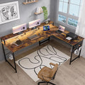Pamray 64 Inch L Shaped Gaming Desk with Power Outlets and Led Lights, Large Corner Computer Desk with Monitor Stand and Pegboard, PC Table for Home Office and Bedroom Vintage