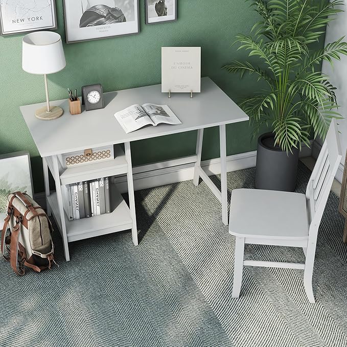 24/7 Shop at Home Myrrh Cottage 2-Piece Wood Storage Writing Desk with 2 Shelves and Chair Set for Workstation, Home Office, Study Room, White