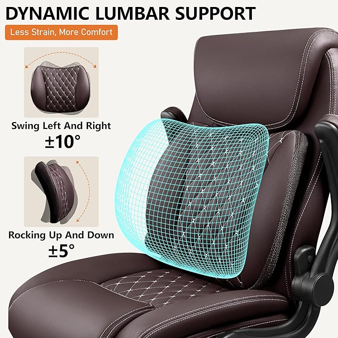 BESTFAIR Office Chair, Executive Computer Desk Chair with Lumbar Support for Lower Back Pain Relief, Ergonomic Leather Home Chair Comfy with Padded Flip-up Arms and Adjustable Armrests, Coffee