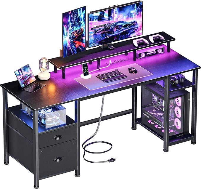 Furologee 61" Gaming Desk with Power Outlets & LED Lights, Reversible Computer Desk with File Cabinet & Monitor Stand for Home Office, Large Work Table with Storage Shelves & Drawer, Black