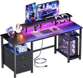 Furologee 61" Gaming Desk with Power Outlets & LED Lights, Reversible Computer Desk with File Cabinet & Monitor Stand for Home Office, Large Work Table with Storage Shelves & Drawer, Black