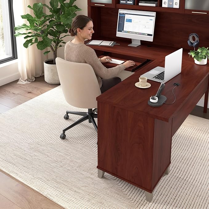Bush Home Somerset 72W L Shaped Desk with Hutch in Hansen Cherry
