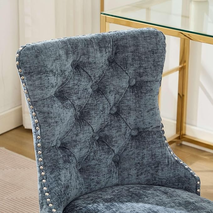 Goujxcy Desk Chair, Modern Chenille Upholstered Tufted Button Home Office Chair, 360° Swivel Armless Desk Chairs, 120°Rocking Ergonomic Computer Task Vanity Chairs, Light Blue