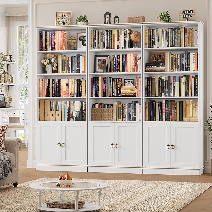 HOSTACK 71" Tall Book Shelf and Bookcase with Doors, 6 Tier Wooden Bookshelf with Storage Cabinet, White Farmhouse Bookshelves and Bookcases, Free Standing Display Shelves for Home Office, Living Room