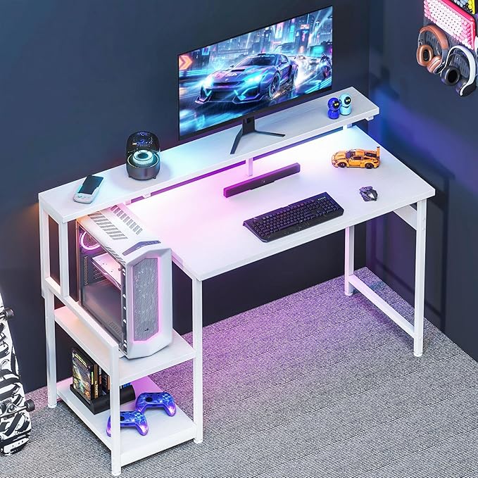 AODK Gaming Desk, 48 Inch Computer Desk with Led Lights, Office Desk with PC Tower Stand, Reversible Desk with Monitor Shelf & Headphone Hook, White