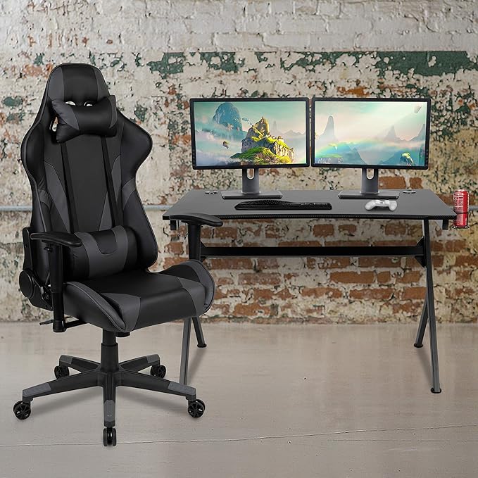 Flash Furniture Black Gaming Desk and Gray/Black Reclining Gaming Chair Set with Cup Holder, Headphone Hook & 2 Wire Management Holes