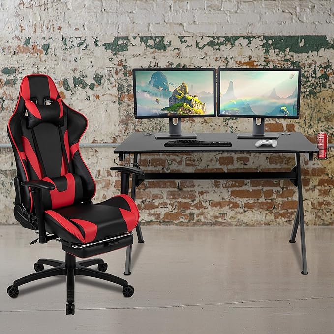 EMMA + OLIVER Black/Red Gaming Desk Set - Cup/Headset Holder/Reclining & Footrest