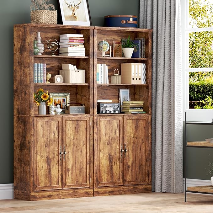 BORNOON 70.1" Tall Bookshelf with Cabinet, 5-Tier Floor Standing Bookcase with Doors & Adjustable Shelves, 31.5" Wide Storage Shelf, Metal Handles, Modern Organizer for Home Office, Living Room