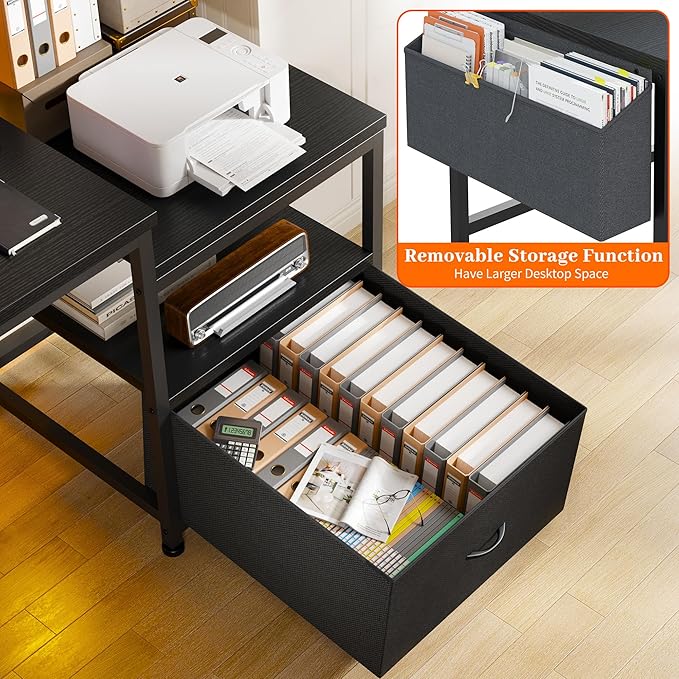 EnHomee 57" Black Computer Desk with File Drawers and Printer Space,Office Desk with Power Outlets and Monitor Stand,Gaming Desk,Study Desk, Writing Desk, Bedroom Desk