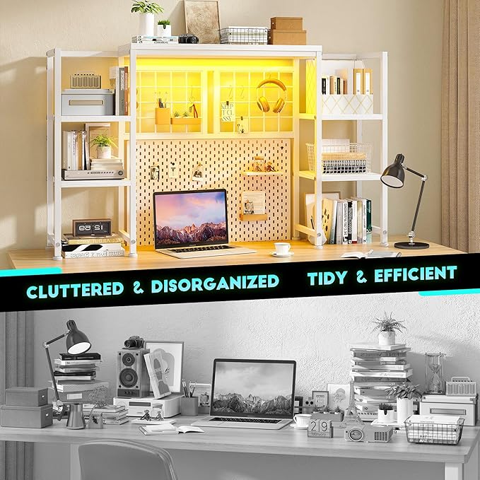 REIBII Desk Shelf with LED Light Strip,Adjustable 45.1" Desk Hutch Dorm with 5 Tier Display Shelf Rack,Desktop Bookshelf with Grid Panel & Hooks for Home, Office and Dorm, White