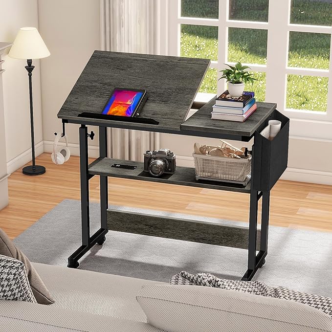DWVO Height Adjustable Drawing Desk with Charging Station & Wheels, Rolling Craft Table with Tilting Top Tabletop and Storage Bag, Small Standing & Sitting Laptop Computer Desk (Grey)