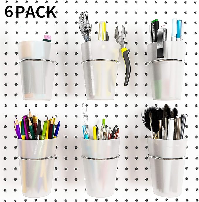 Kuhome 6 Set Pegboard Hooks with Cups, Ring Style Bins with Rings, Pegboard Cup Holder Accessories for Organizing Storage (Transparent)