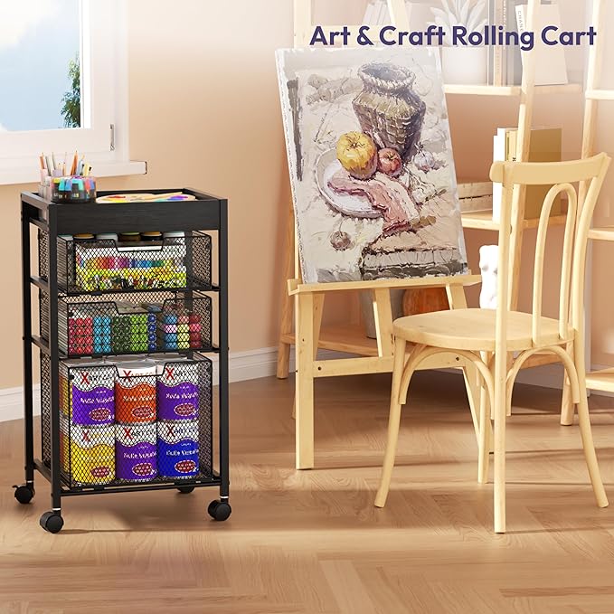 SWTYMIKI Rolling File Cart with Drawers - 4 Tier Under Desk Storage Craft Rolling Organizer Cart - Office Storage &Organization, Mobile Metal Filing Cabinet for Office and Home Black