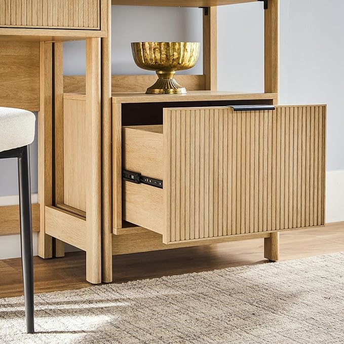 Walker Edison Transitional 3-Piece Hutch Desk with 1 Wide and 1 Narrow Bookcase, Reeded Drawer Fronts, Built-in outlets and USB Ports, Set of 3, Coastal Oak